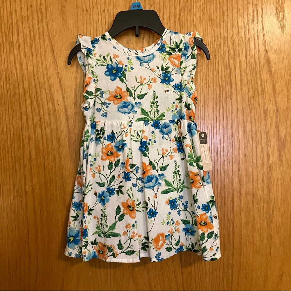 24M summer dress, ruffled capped sleeves, blue & orange flowers, white. Bloomers